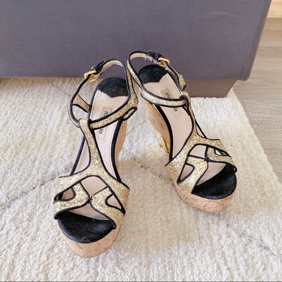 Miu Miu Shoes - MIU MIU Gold Glitter Wedge Sandals
